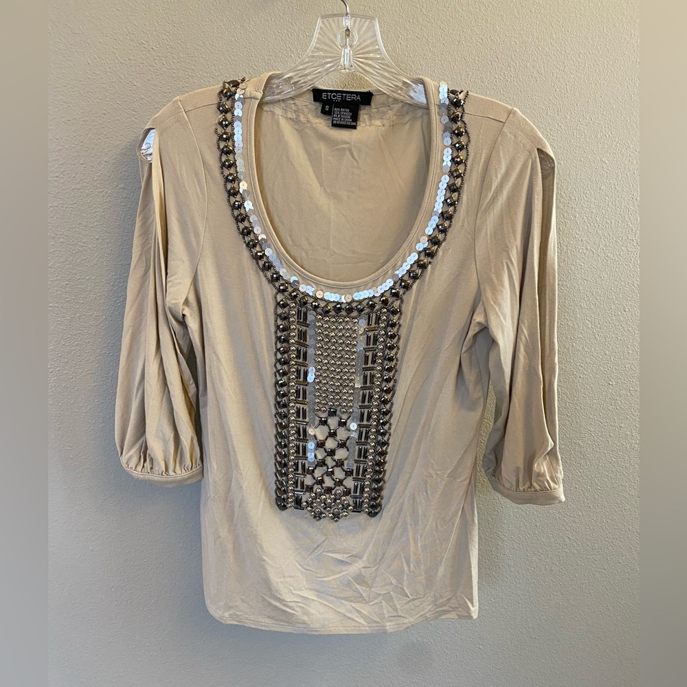Women’s tan & silver embellished blouse
